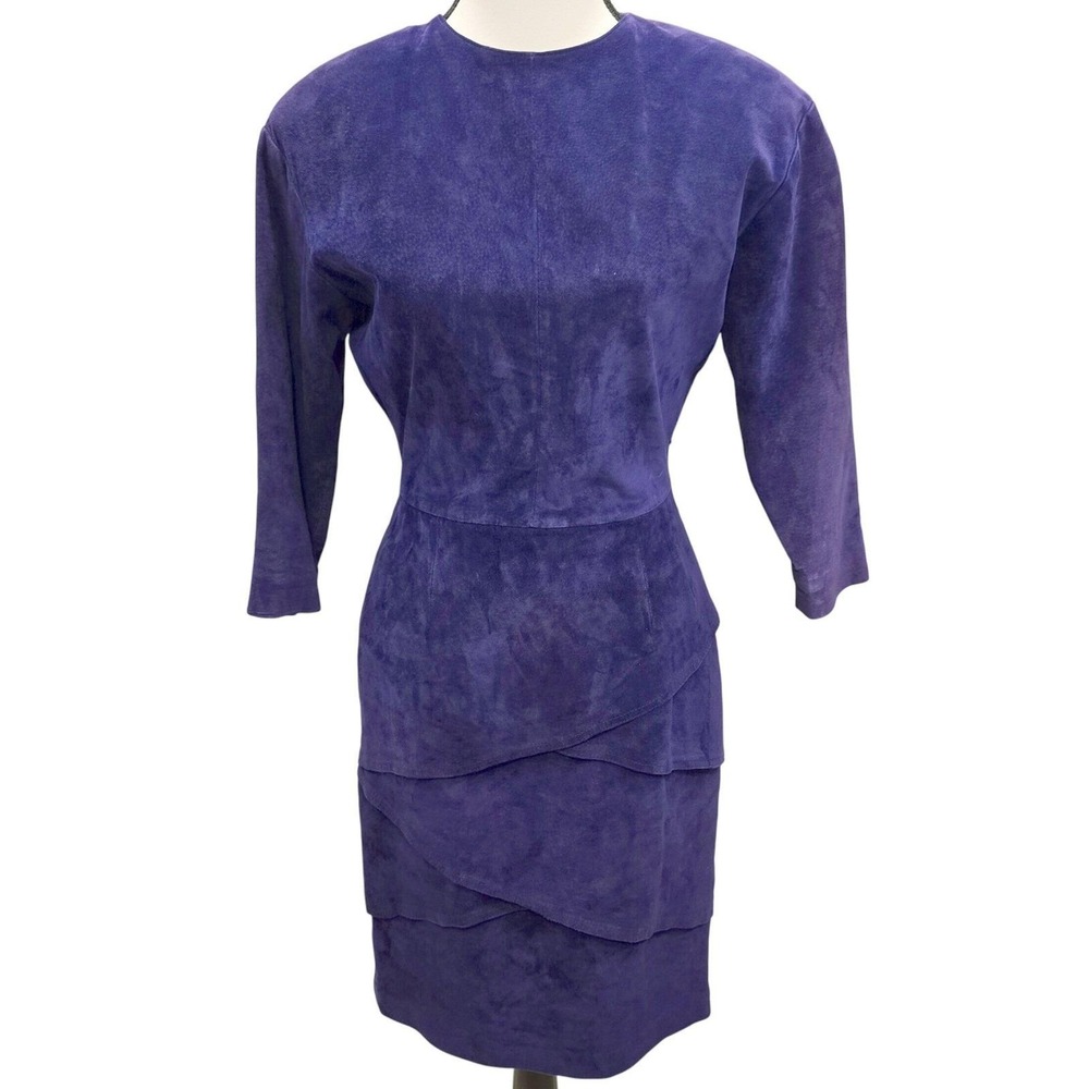 Vtg 90s Valerie Stevens Purple Suede Dress Tiered Skirt Button Back‎ Midi 4 XS - Picture 2 of 9